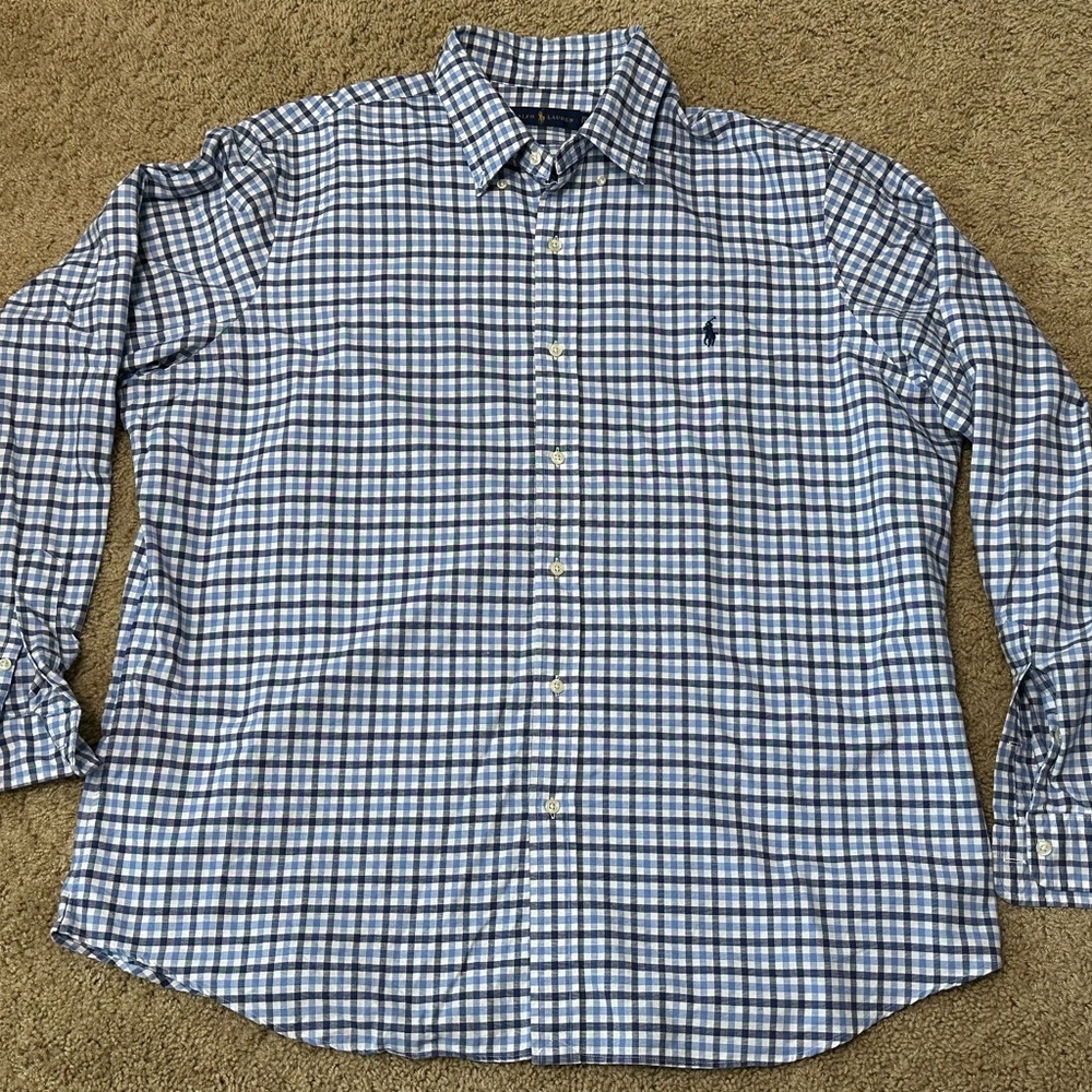 Ralph Lauren Mens White Blue Plaid Button Down Long Sleeve Shirt  XXL TTG